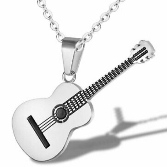 NWT 🎸 STAINLESS STEEL SILVER GUITAR PENDANT ON STAINLESS STEEL CHAIN NECKLACE - Picture 2 of 4